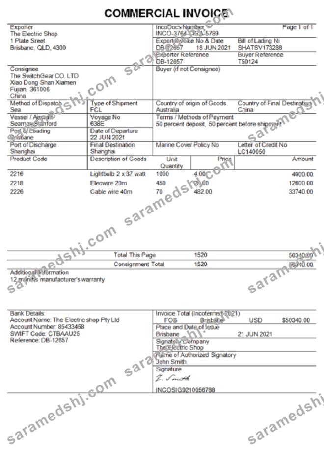 Australia Commercial Invoice company invoice
